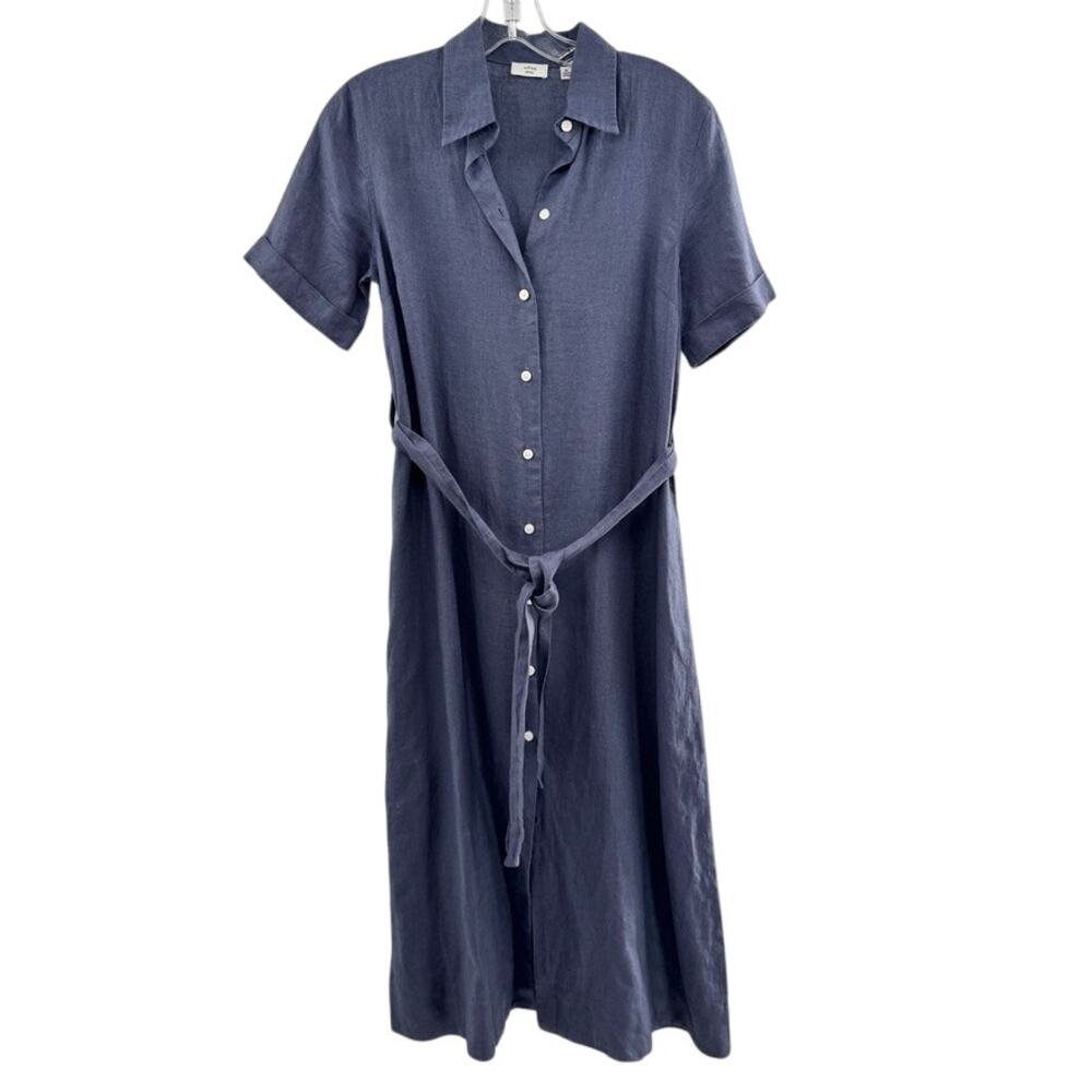 Wilfred Aritzia Linen Midi Eleta Dress Steel Sz XS Tie Waist Button Front SS